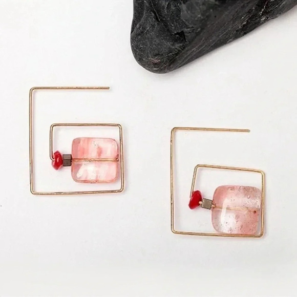 Square Threader Earrings Gold Pink - Picture 7 of 11